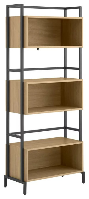 Tall Bookcase with Closed and Open Storage, Coastal Oak/Black