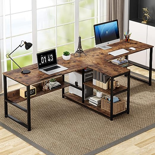 Tribesigns Double Workstation Desk with Shelves