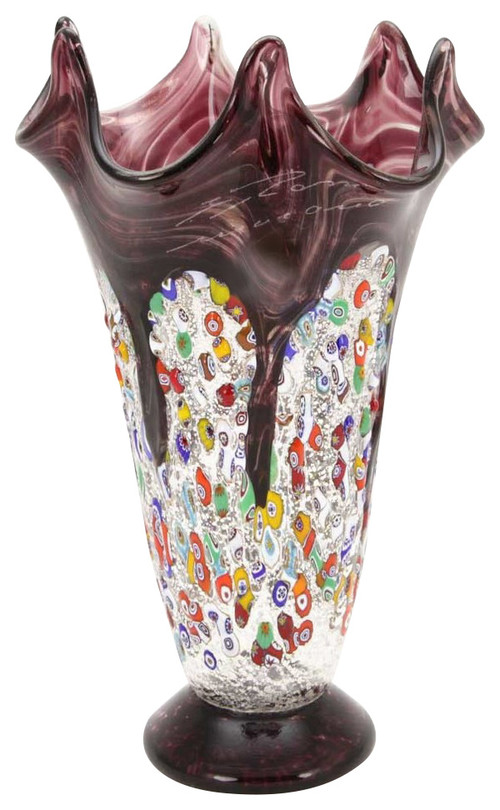 GlassOfVenice Murano Glass Millefiori Gold Fazzoletto Vase - Red