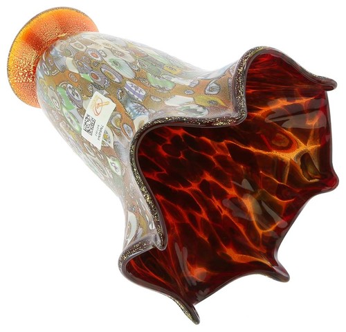 GlassOfVenice Murano Glass Millefiori Gold Fazzoletto Vase - Red