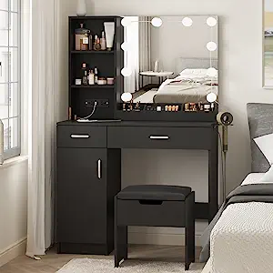 Makeup Vanity Table with Lighted Mirror,Makeup Vanity with Power