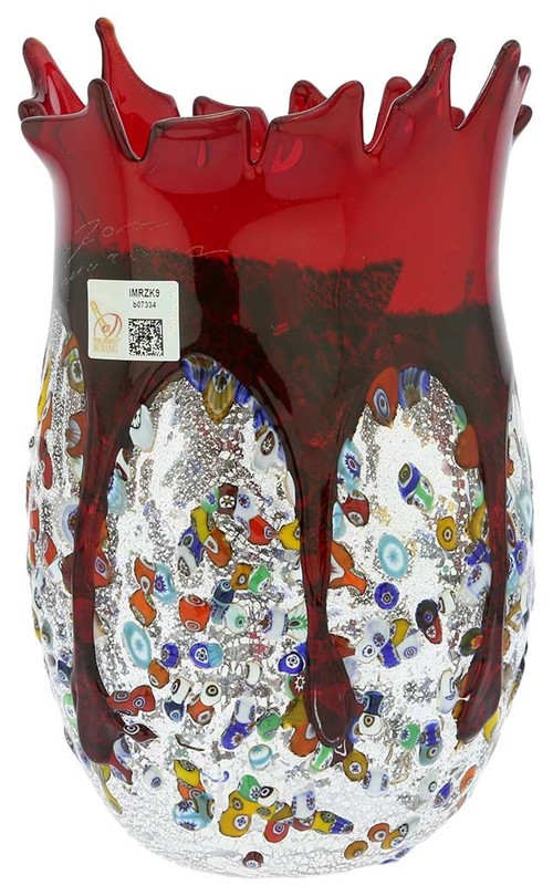 GlassOfVenice Murano Glass Millefiori Gold Fazzoletto Vase - Red