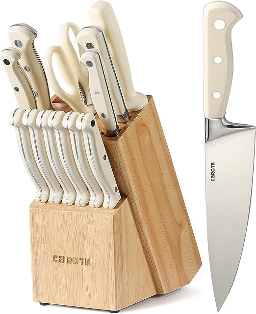  CAROTE 12 Pieces Kitchen Knife Set, Stainless Steel Knife Set  With Nonstick Creamic Coating,Dishwasher Safe with 6 Blade  Guards,Anti-Rust,Brown : Everything Else